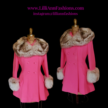 Load image into Gallery viewer, 60s Pink Lilli Ann Norwegian Fox Fur Coat Fit and Flare Neon Florescent Bright Pink Double Breasted Princess