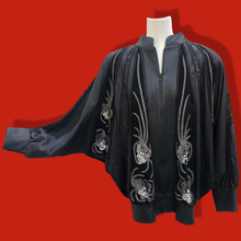 Load image into Gallery viewer, Vintage Glam 80’s Couture Neiman Marcus Leather Dolman Batwing Cocoon Black Leather Suede Hand Beaded Sequined Jacket Studio 54 80’s Iman Style One Size Fits Most