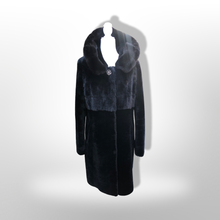 Load image into Gallery viewer, Jet Black Hooded Mink and Shearling Luxury Coat with Rhinestone Button
