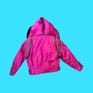 80’s 90’s Hot Pink Hooded Ski Windbreaker Jacket Cropped Tapered Waist Southwestern Aztec Trim