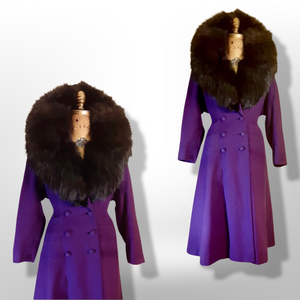 Vintage Women's New Look 40s Purple Violet Princess Pinup Pinup Coat Full Skirted Massive Fox Fur Film Noir Golden Age Old Hollywood Glamour