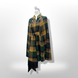 60’s 70’s Vintage Green Yellow Wool Cape Poncho and Scarf Set Double Lion Chain One Size Fits All