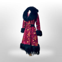 Load image into Gallery viewer, 60’s 70’s Rare Red Carpet Tapestry Coat Needlepoint Floral Exotic Design with Genuine Fox Fur and Goat Shearling Trim Jeweled Belt Small Petite