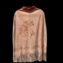 Load image into Gallery viewer, 70’s Suede Poncho Cape with Carved Horse Scene Mint Condition Fringe Border One Size Fits All