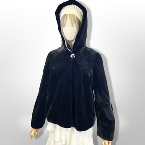 New Luxury Sheared Black Mink Hooded Coat with Rhinestone Detail