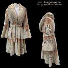 Load image into Gallery viewer, Embroidered Mocha Cream Colored Ombré Sheared Fur Beaver Princess Coat with Crystal Accents Full Skirt and Flared Bell Sleeves Wearable Work of Art One of A Kind