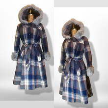 Load image into Gallery viewer, Plaid Pinup Princess Fit and Flare Wool Hooded Faux Shearling Coat Boho Almost Famous Penny Lane M/L