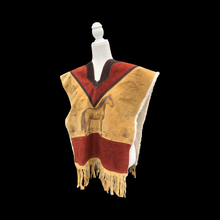 Load image into Gallery viewer, 70’s Suede Poncho Cape Equestrian Serape with Carved Horse Scene Mint Condition Fringe Border One Size Fits All Cowboy Cowgirl Unisex Southwestern Mexican Native Boho One of A Kind