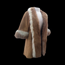 Load image into Gallery viewer, Vintage Camel Suede Tan Duster Coat with Genuine Fur Tuxedo and Cuffs in Natural Color