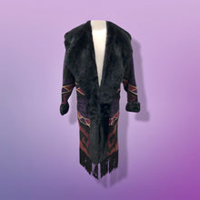 Load image into Gallery viewer, Purple Suede and Genuine Shearling Mosaic Coat with Fringe Western Aztec  Native Cowgirl Inspired Magenta Black and Gold