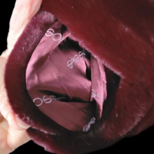 Load image into Gallery viewer, Vintage Red Wine Bergundy 80’s Does 40’s Puff Sleeve Coat Faux Fur with Leather Intarsia Glam Old Hollywood Glamour Vegan