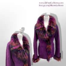 Load image into Gallery viewer, Purple Suede and Shearling with Rainbow Purple Dyed Fox Fur Ultra Soft Warm