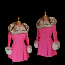 Load image into Gallery viewer, 60s Pink Lilli Ann Norwegian Fox Fur Coat Fit and Flare Neon Florescent Bright Pink Double Breasted Princess