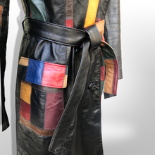 Load image into Gallery viewer, 70s Leather Coat l Black Patchwork Fit Flare Trench Spy Boho Studio 54 Mosaic boho chic One of a Kind
