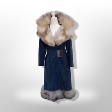 Load image into Gallery viewer, 1970’s Vintage Blue Suede and Fox Fur Belted Bohemian Boho Chic Princess Hippy Burning Man Coachella Festival Fall Winter Coat