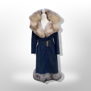 1970’s Vintage Blue Suede and Fox Fur Belted Bohemian Boho Chic Princess Hippy Burning Man Coachella Festival Fall Winter Coat