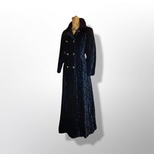 Load image into Gallery viewer, 60&#39;s 70&#39;s Black Raised Velvet Coat Fit and Flare Victorian Gothic Double Breasted Full Length Princess