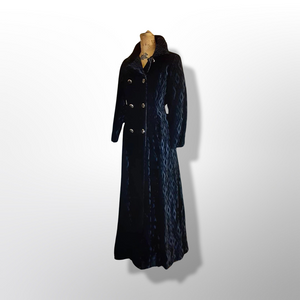 60's 70's Black Raised Velvet Coat Fit and Flare Victorian Gothic Double Breasted Full Length Princess