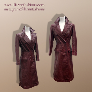 Vintage 70’s Leather Coat Trench Spy Collar Business Career Fitted Women’s Oxblood Maroon Bergundy
