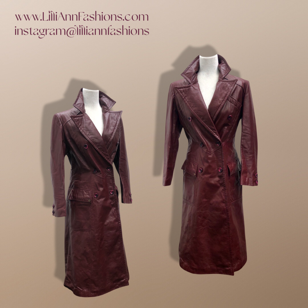 Vintage 70’s Leather Coat Trench Spy Collar Business Career Fitted Women’s Oxblood Maroon Bergundy