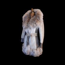 Load image into Gallery viewer, 60s Mod Cream Mink Lynx Massive Coyote Fox Fur Collar and Trim Leather- I magnin Fit Flare Princess Luxury 36&quot; Bust