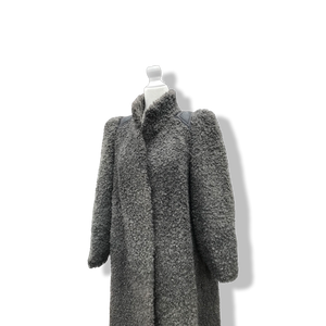 90’s does 40’s Lamb Curly Gray Coat Puff Sleeve with Suede Inserts Minimal Stealth Made in Sweden “Viking Lamb”