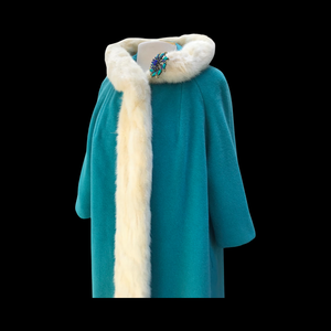 60’s LIlli Ann Coat Turquoise Blue with Ermine Mink Tuxedo Trim Collar “The World is Yours”