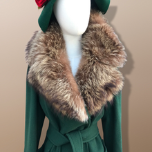 Load image into Gallery viewer, Vintage Forest Green 100% Wool Wrap Coat with Genuine Fur Collar