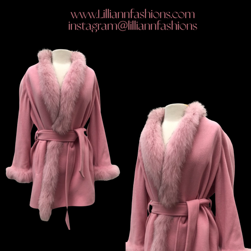 Bill Blass Vintage Pink Wool and Fox Fur Wrap Coat Soft