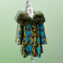 Load image into Gallery viewer, 60’s 70’s Tapestry Carpet Coat Blue Turquoise Green Beaded Belt Fur Fox Norwegian Collar