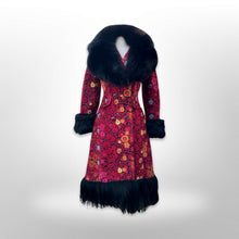 Load image into Gallery viewer, 60’s 70’s Rare Red Carpet Tapestry Coat Needlepoint Floral Exotic Design with Genuine Fox Fur and Goat Shearling Trim Jeweled Belt Small Petite