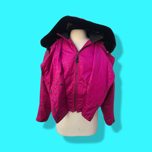 80’s 90’s Hot Pink Hooded Ski Windbreaker Jacket Cropped Tapered Waist Southwestern Aztec Trim