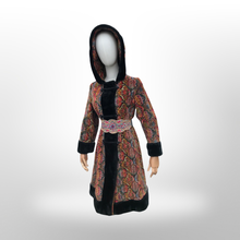 Load image into Gallery viewer, Vintage Hooded Tapestry Carpet Needlepoint Multi Color Rich Coat with Faux Fur Trim and Beaded Belt Boho Princess Boho Chic