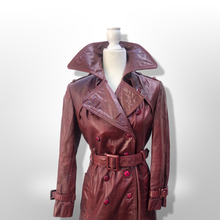 Load image into Gallery viewer, Vintage 70’s Leather Coat Trench Spy in Bergundy Oxblood Highly Detailed