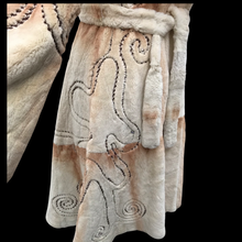 Load image into Gallery viewer, Embroidered Mocha Cream Colored Ombré Sheared Fur Beaver Princess Coat with Crystal Accents Full Skirt and Flared Bell Sleeves Wearable Work of Art One of A Kind