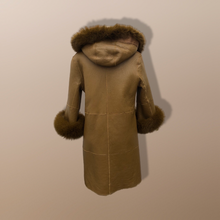 Load image into Gallery viewer, New Tan Shearling Lamb and Leather Fox Fur Hooded Coat Reversible Minimalistic