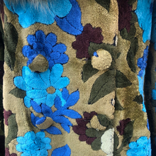 Load image into Gallery viewer, 60’s 70’s Tapestry Carpet Coat Blue Turquoise Green Beaded Belt Fur Fox Norwegian Collar
