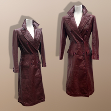 Load image into Gallery viewer, Vintage 70’s Leather Coat Trench Spy Collar Business Career Fitted Women’s Oxblood Maroon Bergundy