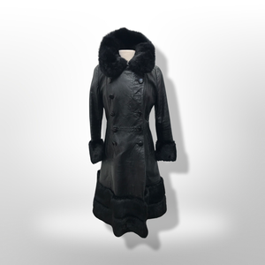 60’s 70’s Black Leather and Fur Coat Princess Sergeant Pepper From Mod to Boho Made in the UK