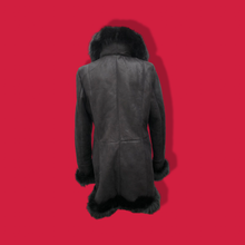 Load image into Gallery viewer, New Black Suede Shearling Lined Fox Fur Trim Luxury Coat