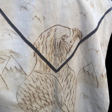 Load image into Gallery viewer, 70’s Suede Eagle Rising Phoenix Sun Poncho Serape Carved Suede Fringe Native Unisex One Size Fits All One of a Kind