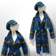 Load image into Gallery viewer, Made in Scotland Scottish Pure Mohair and Wool Plaid Coat Hat Scarf Three Piece Set Blue Yellow Wrap Style