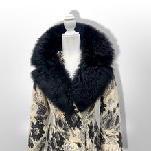Load image into Gallery viewer, 70’s Tapestry Carpet Floral Black and White Coat with Black Shearling Trim Penny Lane Boho Hippy Chic
