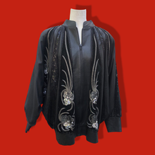 Load image into Gallery viewer, Vintage Glam 80’s Couture Neiman Marcus Leather Dolman Batwing Cocoon Black Leather Suede Hand Beaded Sequined Jacket Studio 54 80’s Iman Style One Size Fits Most