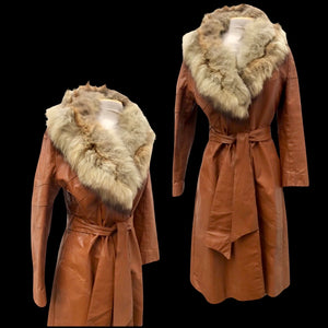 70’s Vintage Leather Caramel Coat with Fur Collar and Belt