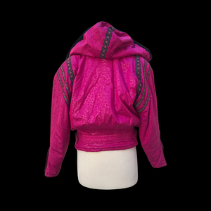 80’s 90’s Hot Pink Hooded Ski Windbreaker Jacket Cropped Tapered Waist Southwestern Aztec Trim