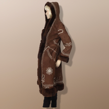 Load image into Gallery viewer, 70’s Penny Lane Brown Hooded Embroidered Suede and Shearling Coat Boho Princess Burning Man Authentic Vintage Hippy Princess