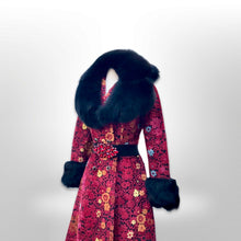 Load image into Gallery viewer, 60’s 70’s Rare Red Carpet Tapestry Coat Needlepoint Floral Exotic Design with Genuine Fox Fur and Goat Shearling Trim Jeweled Belt Small Petite