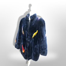 Load image into Gallery viewer, Zuki Style Ultra Soft Sheared Blue Beaver Fur Zip up Bomber Intarsia Falling Leaves