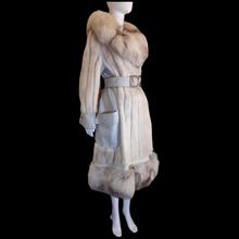 Load image into Gallery viewer, 70s Women&#39;s Vintage Coat and Hat- White Norwegian Silver Fur Lux Leather Mink Trench Hat Spy Belted Princess Coat Boho Chic